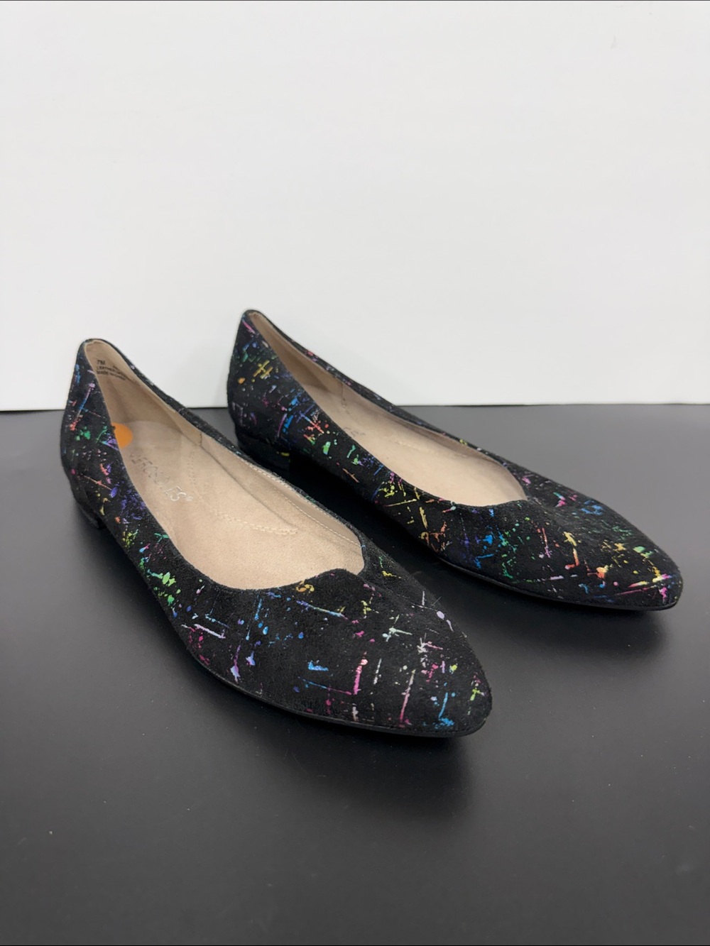 AEROSOLES Black Pointed Ballet Flats with Multicolor Paint-Splatter